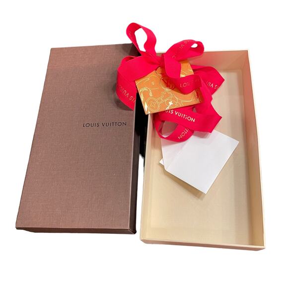 Louis Vuitton Gift Box EMPTY Storage Brown with Red Ribbon & Card Envelope Bent - Picture 1 of 15